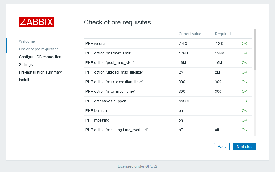Halaman Pemeriksaan Prasyarat Zabbix
