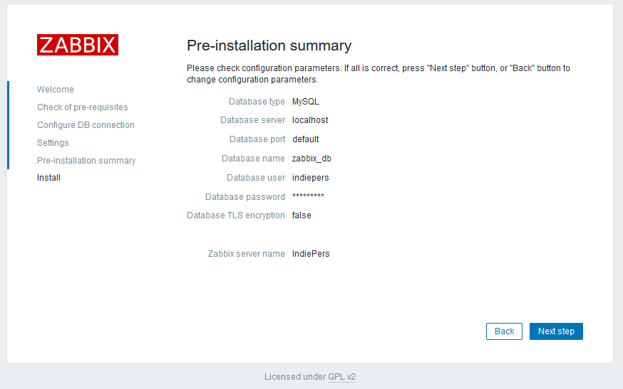 Halaman Ringkasan Pra-instalasi Zabbix